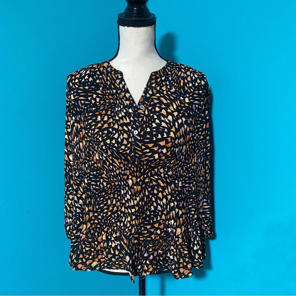 Eco Nanette Lepore M Multicolor Black Orange Print Plisse Pleated Popover Blouse